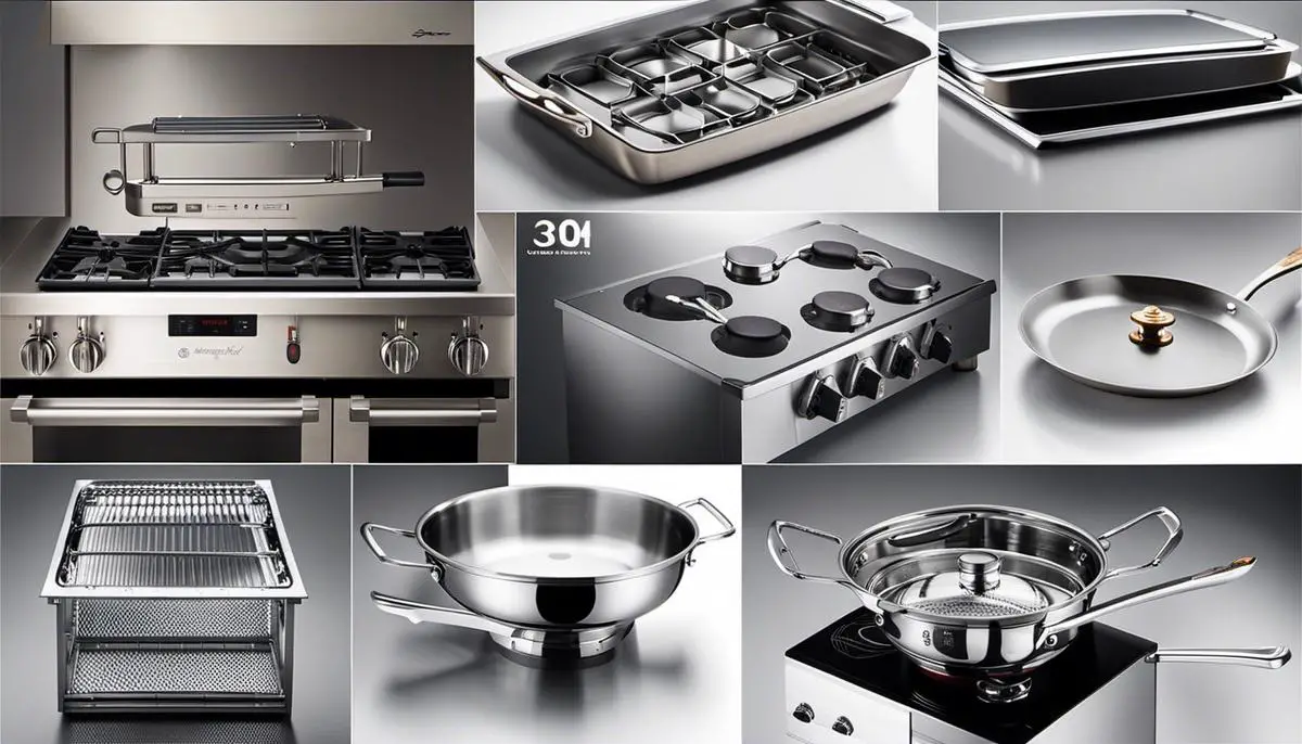 An image showcasing various uses of 304 stainless steel in cookware, appliances, architecture, and automotive applications.