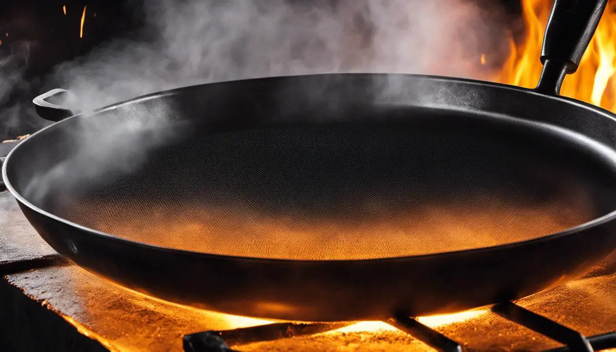Image of a seasoned carbon steel pan being cleaned and maintained.