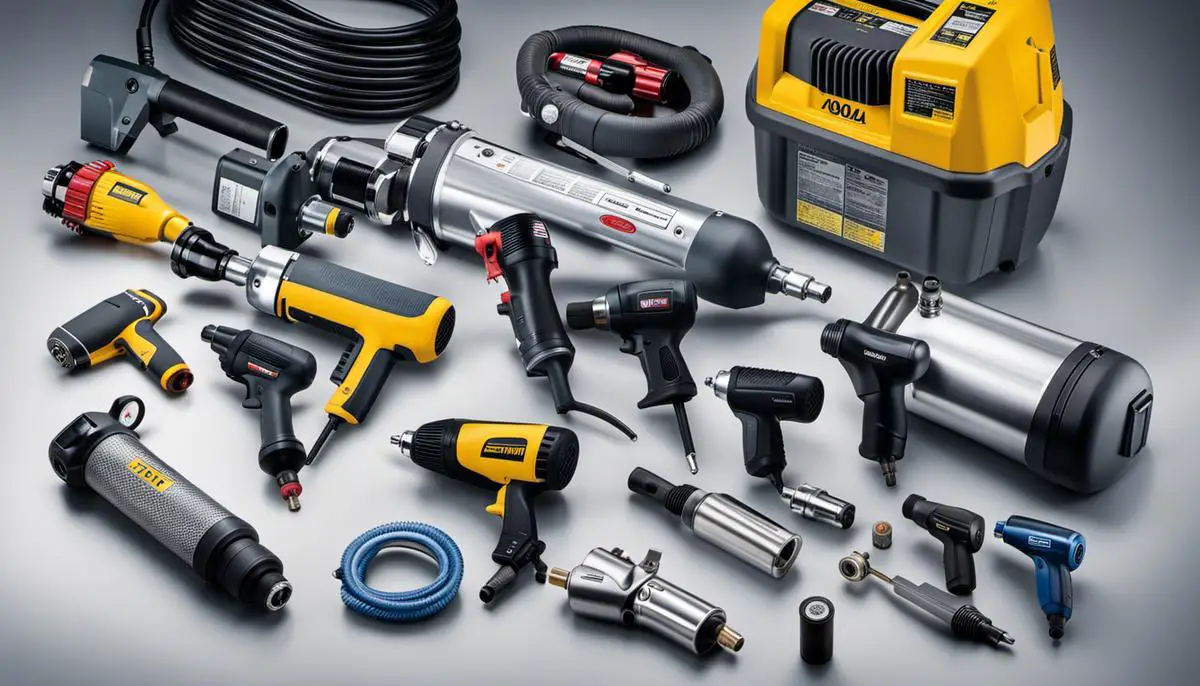 Image of various compressed air tools used in different industries.