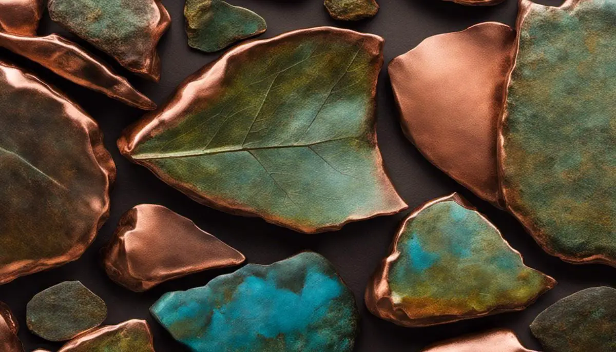 A close-up image showcasing the different colors of copper oxidation, from reddish-brown to dull brown and black, and the emergence of green and blue patina.