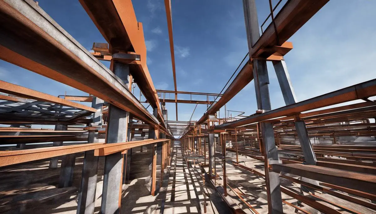 A computer-generated 3D image of steel beams in a construction site, emphasizing the complexity and precision required for accurate calculations in structural engineering.
