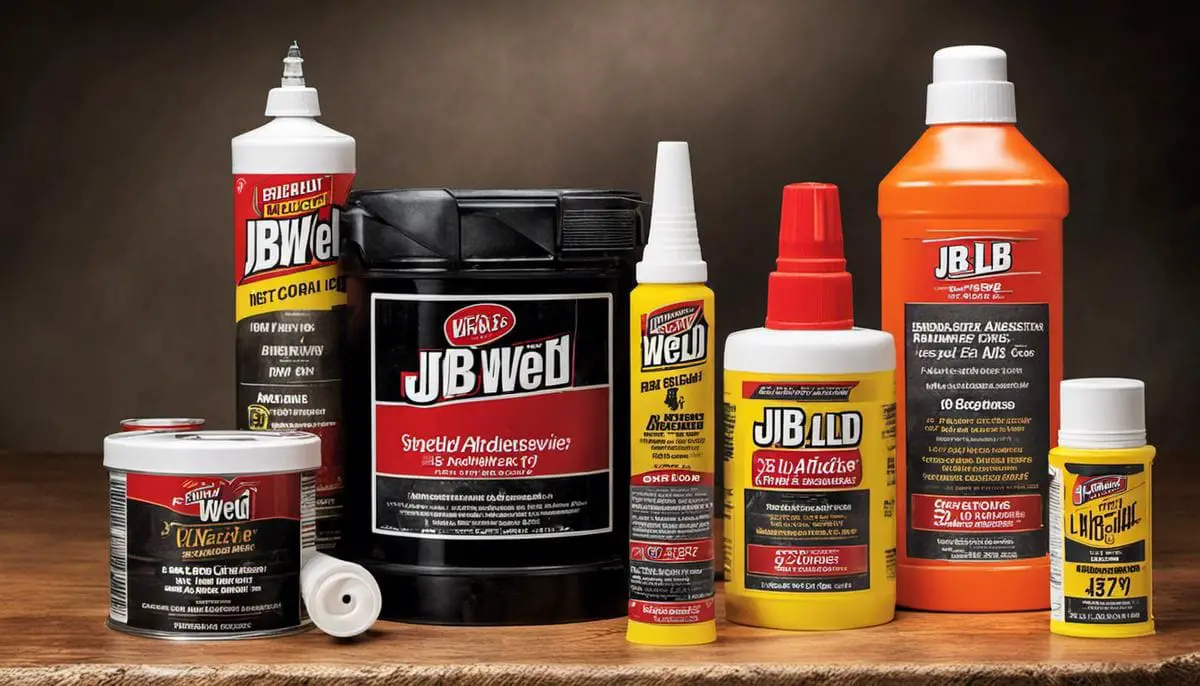 A bottle of JB Weld adhesive next to various objects it can be used on.